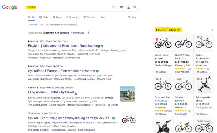 Google Shopping annonse sykkel 