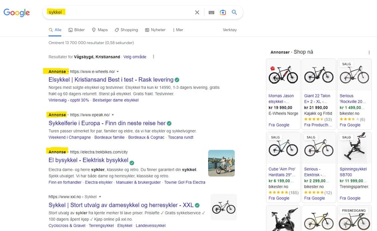 Google Søke annonse sykkel